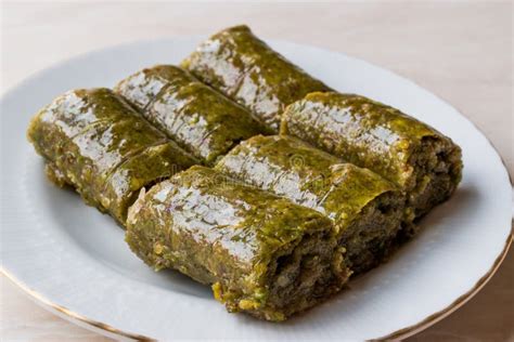Turkish Dessert Pistachio Roll Called Fistikli Sarma Baklava Stock