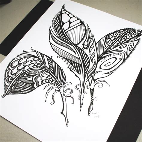 Three Feathers Original Pen Drawing Abstract Feathers
