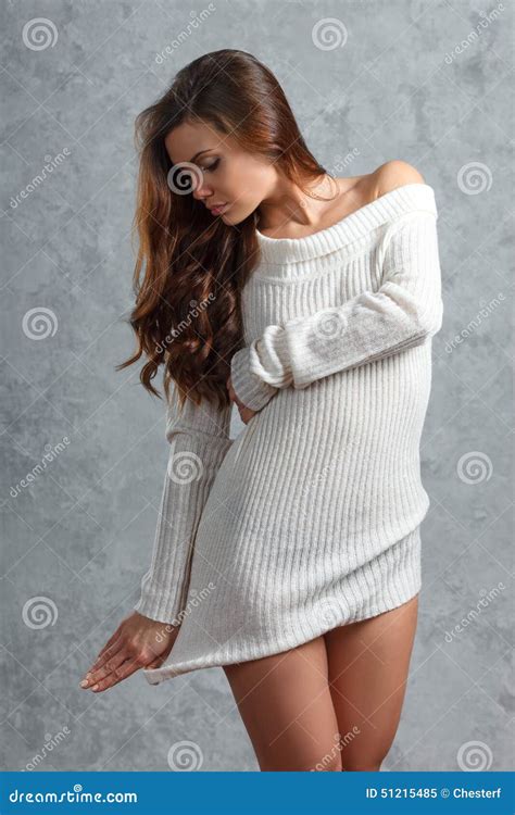 Beautiful Young Brunette Woman In Sweater Stock Image Image Of Beige