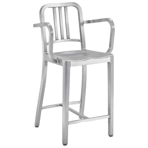 Emeco Navy Counter Stool With Arms In Brushed Aluminum And Ash By Us