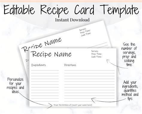 Editable Recipe Card Template Recipe Template Recipe Cards Etsy Canada