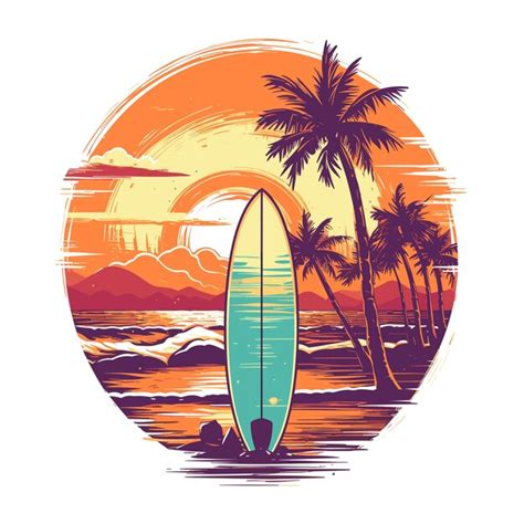 Premium Vector Retro Surfing Vibe Featuring A Vintage Surfboard Palm