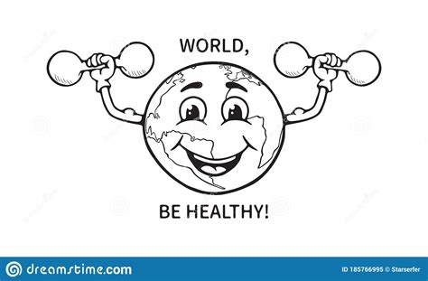 Black And White Illustration Of A Funny Cartoon Earth Globe Who Makes