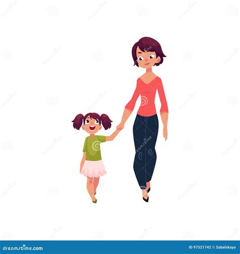 Madre E Figlia Che Camminano Insieme Tenendosi Per Mano Illustrazione