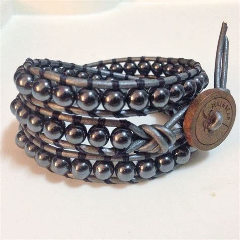 3wrapbracelet In Silver Leather And Hemalite Beads Wrap Bracelet