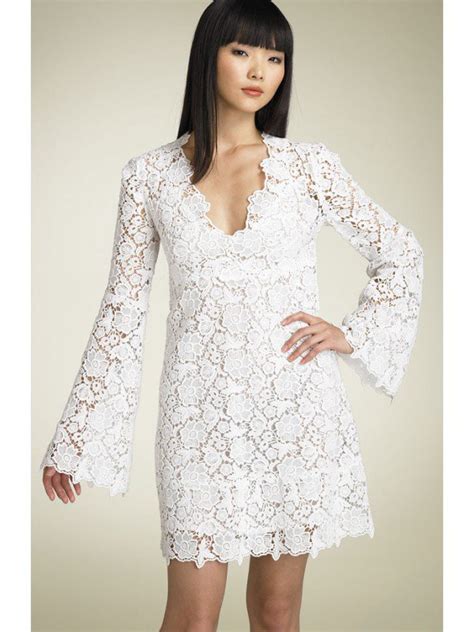 2012 New Long Sleeve White Lace Knee Length Bridal Dress Custom V Neck