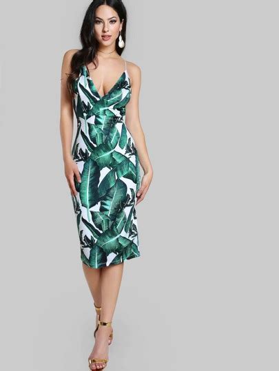 Plunge Neckline Tropical Print Backless Fitted Dress Sheinsheinside