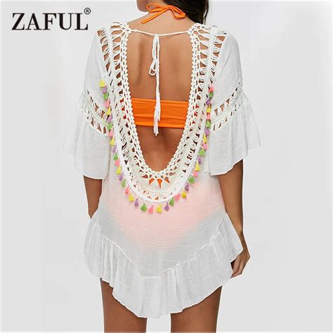 Zaful 2017 Women Sexy Colored Tassel See Through Crochet Tunic Beach Cover Up Swimwear Summer