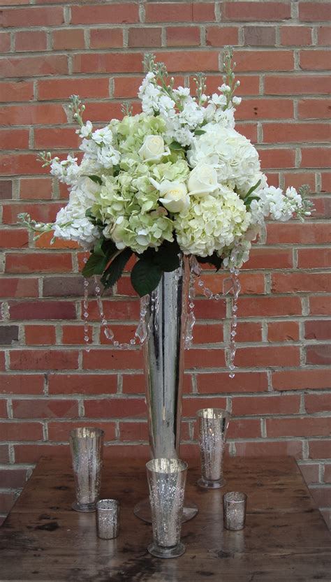 Tall Arrangement White Hydrangea Stock Roses Antique Green