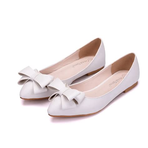 White Genuine Leather Bow Pointed Toe Flats Woman Boat Shoe 34~43 Plus