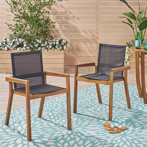 Saul Outdoor Acacia Wood And Mesh Dining Chairs Set Of 2 Teak Black