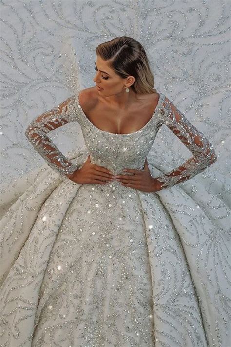 Gorgeous Shiny Sequins Crystal Ball Gown Wedding Dresses Beads Long