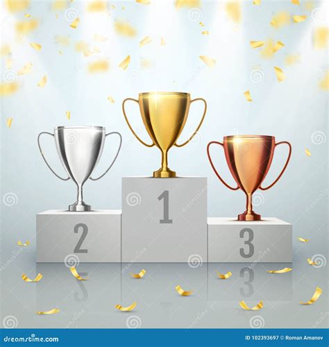Winner Background Trophy Cups On Prize Podium Vector Illustration
