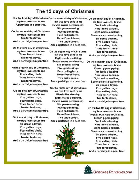 lyrics for the twelve days of christmas printable