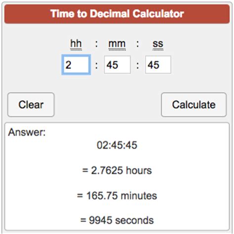 Instantly convert hours (h) to seconds (s) and many more time conversions online. Time to Decimal Calculator