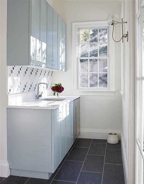 Modern Blue Butler Pantry Cabinets With Blue Dot Backsplash