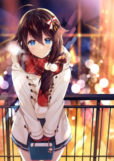 Anime Girl With Brown Hair Blue Eyes Coat Bright Lights Kawaii