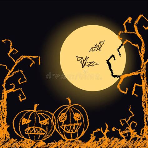 Halloween Black Dark Background With Spooky Naked Trees Moon Bat And Pumpkin Stock Vector
