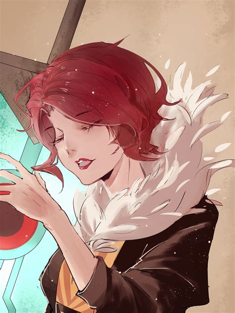 Red Transistor Transistor Game 1girl Brown Background Brown Jacket Closed Eyes Feather