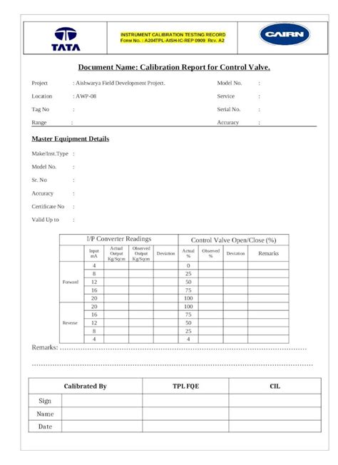 Docx Instrument Calibration Test Report Format Dokumentips