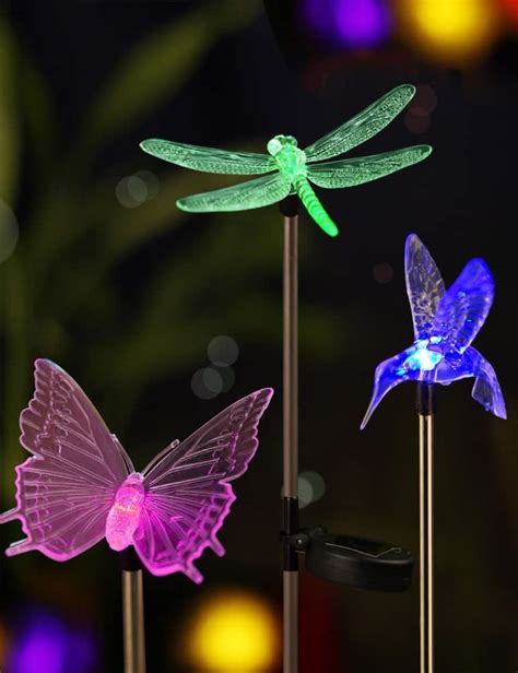 Set Of 3 Led Color Changing Solar Stake Lights Outdoor Garden