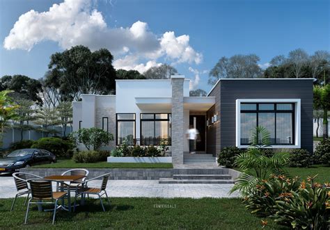 A Modern House Is Shown In The Middle Of A Grassy Area With Chairs And