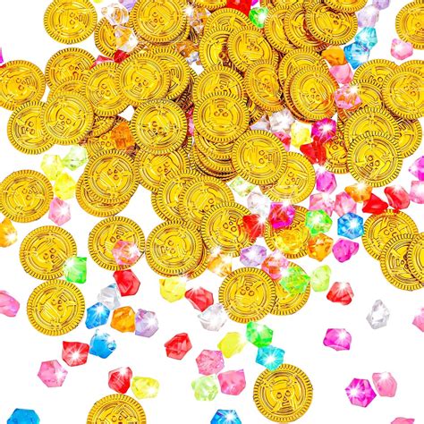 Yolev 200 Pieces Plastic Pirate Gold Coins Acrylic Colored Gems Pirate