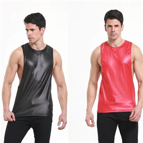 Mens Sexy Vest Faux Leather Black Red Tank Tops Sleeveless Sportwear T