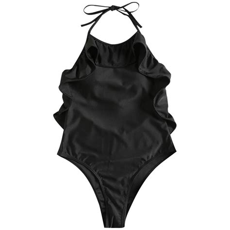 buy 2018 sexy one piece ruffle halter swimsuit black women swimwear bodysuits