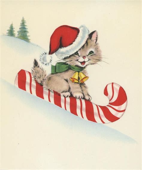 Vintage Christmas Cat Sledding On Candy Cane Hat Bells Scrapbooking