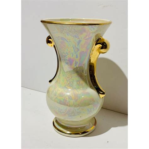 Vintage Iridescent White And 22k Gold Pearl China Hand Decorated Vase