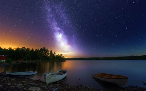 Peaceful Lake Boats Wooden House Forest Sky With Stars Night