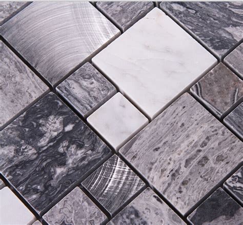 Stone Mosaic Tile Square Grey Marble Floor Tiles Metal And Stone Mosaic