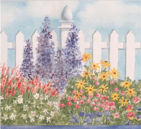 Wallpaper Border Wide Red White Violet Flowers By White Fence Floral