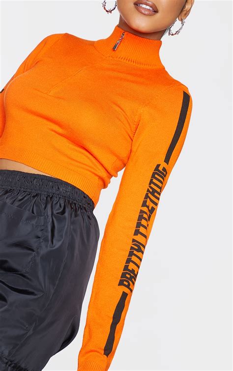 Plt Orange Stripe Sleeve Zip Up Crop Jumper Prettylittlething Usa