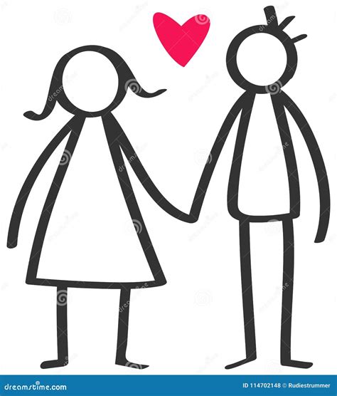 Simple Stick Figures Happy Couple Man Woman Holding Hands In Love Red