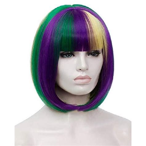 Short Purple Green Yellow Wigs For Women 12‘‘ Colorful Bob Hair Wig With Bangssynthetic Full
