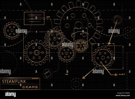 Gold And Black Steampunk Gears Blueprint Vector Illustration Stock