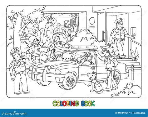 Police Station Car And Officers Coloring Book Stock Illustration