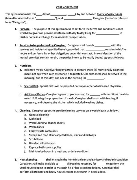Free Caregiver Contract Template Printable Templates