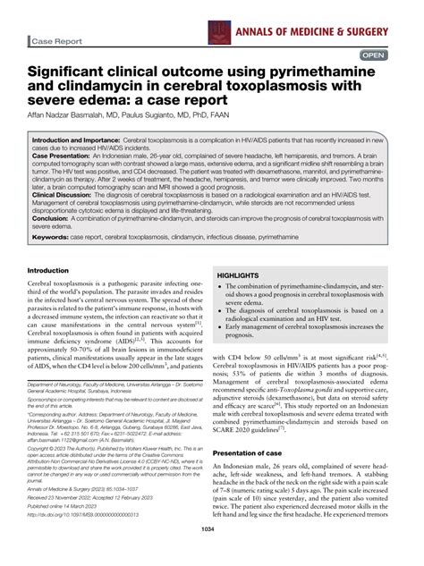 Pdf Significant Clinical Outcome Using Pyrimethamine And Clindamycin
