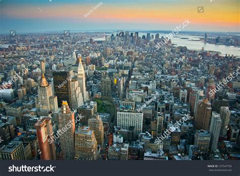 Aerial View Over Lower Manhattan New York At Sunset Stock Photo