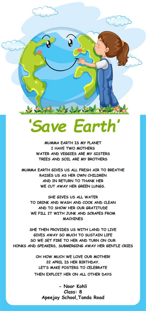 ‘save Earth Poem By Noor Kohli Apeejay School Tanda Road Apeejay