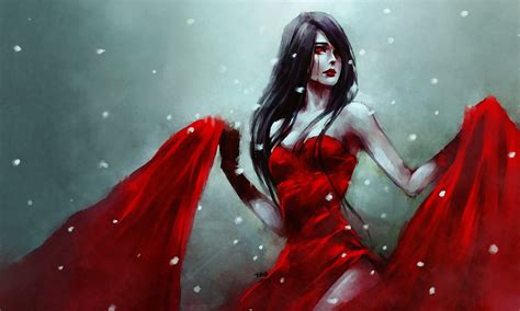 Women Brunette Eyes Dress Fantasy Art Red Winter