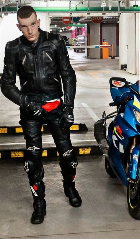 Handsome Young Black Leather Biker Motorcycle Leathers Suit
