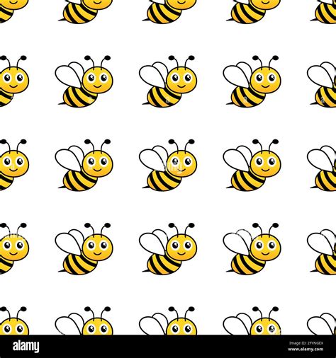 Cartoon Bees Seamless Pattern Bee Flying On White Background Vector
