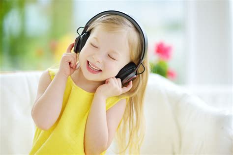 Cute Girl Wearing Huge Wireless Headphones Pretty Child Listeni