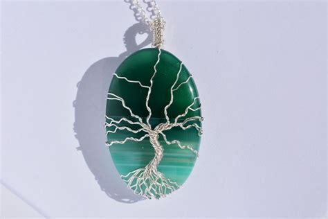 Green Onyx Tree Of Life Wrapped In Sterling Silver Handmade Jewelry