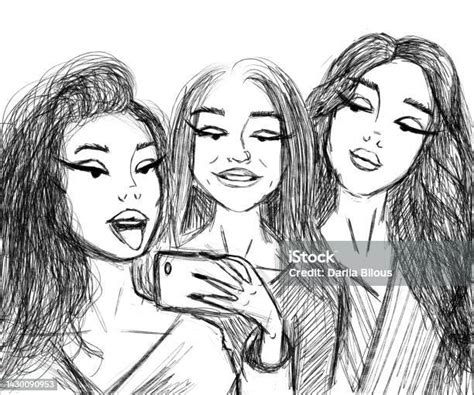 Ilustración De Tres Novias En Blanco Y Negro Se Toman Una Selfie En El Espejo Y Más Vectores