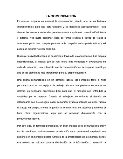 Ensayo La Comunicacion En Una Empresa La ComunicaciÓn En Nuestra